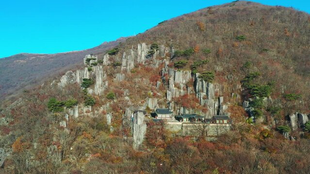 Aerial view of the Mudeungsan Gyubong-am Hermitage on the mountain.At mudeungsan national park in South Korea  in autumn