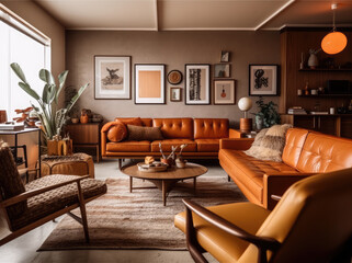 living room with a leather sofa is sitting by a coffee table adorned in terracotta tones and with artworks above coffee table, in the style of retro vintage, generative AI