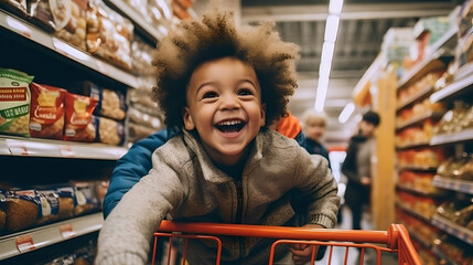 Young boy smiling having fun pushing shopping cart in grocery store