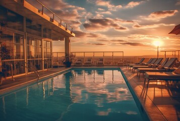 rooftop hotel with swimming pool and beautiful sunset in the evening. generative ai