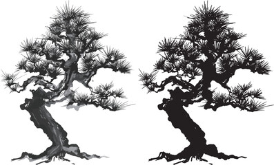 松　盆栽　手書きの毛筆イラスト