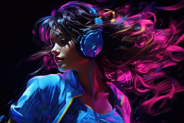 illustration of a girl in headphones with flying hair, in neon style