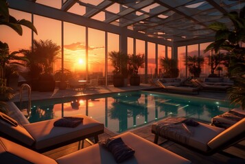 Fototapeta premium rooftop hotel with swimming pool and beautiful sunset in the evening. generative ai