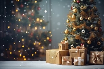 Fototapeta na wymiar Beautiful Christmas gifts under fir tree on floor in room
