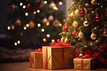 Fototapeta na wymiar Beautiful Christmas gifts under fir tree on floor in room