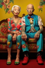 Absurd surreal fashion for elderly tattooed couple. Generative AI