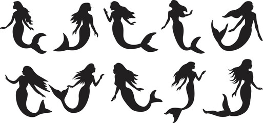 Fototapeta na wymiar Set of mermaid silhouettes. Mermaid icons set. Vector illustration