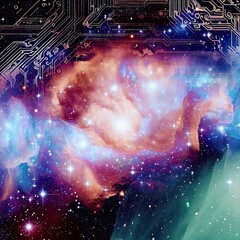 Stars and galaxies swirl amidst intricate circuitry