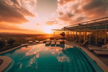 rooftop hotel with swimming pool and beautiful sunset in the evening. generative ai