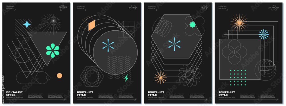 Poster trendy abstract brutalism poster set with different geometric shapes on black background. modern bru