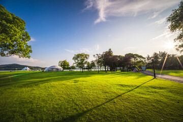 Tents for camping on the lawn on a sunny day, travel theme. © evening_tao