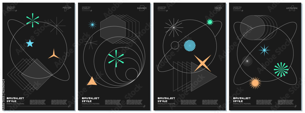 Poster abstract brutalism poster set with geometric linear planets and memphis shapes on black space backgr