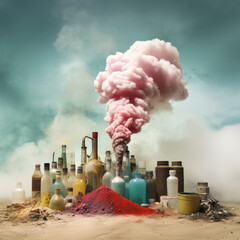 Colorful bottles giving off colorful plumes of vapor, that can be steam, smoke, or just pollution.