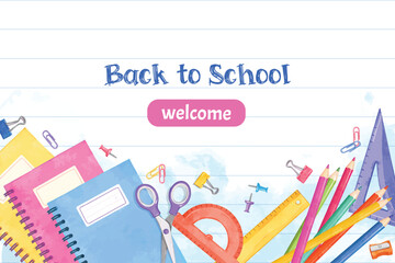Back to school background and Banner with colorful school supplies and stationery elements in watercolor style