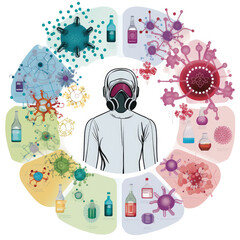 Circle of virus around person in gas mask.