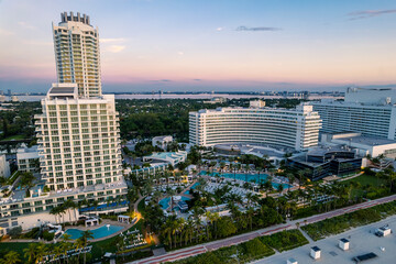 Miami Beach, Florida, USA - Morning aerial of the iconic and luxurious Fontainebleau hotel and...