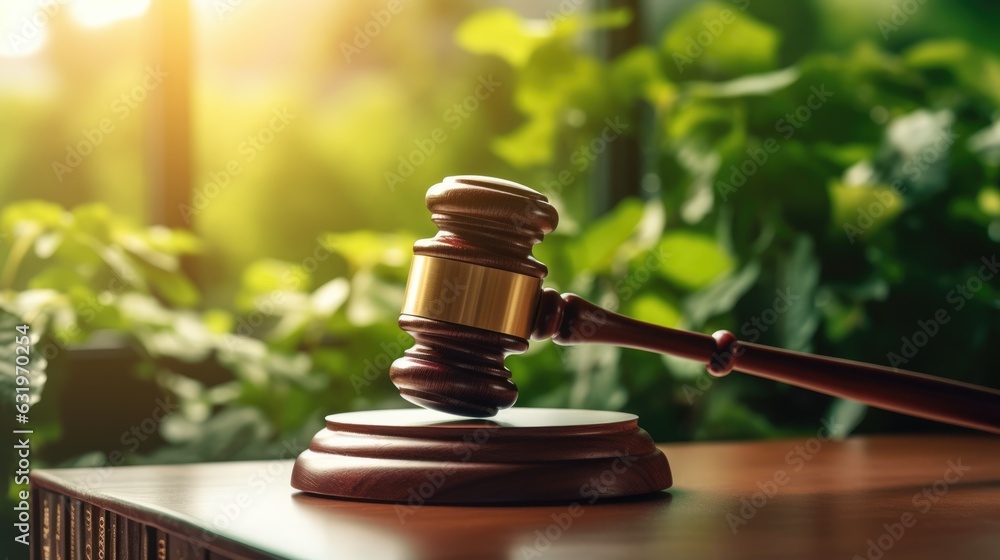 Poster a gavel on a table top with green environment in blur background. beautiful generative ai aig32