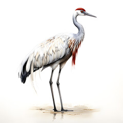 Brushstroke watercolor style realistic full body portrait of a crane on white background Generated by AI 02