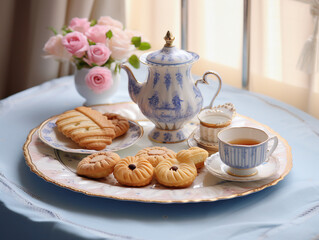 Tea set with cookies and teapot on blue tablecloth. generative ai 