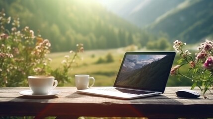 business laptop on outside desk of remote house at beautiful mountain range.  