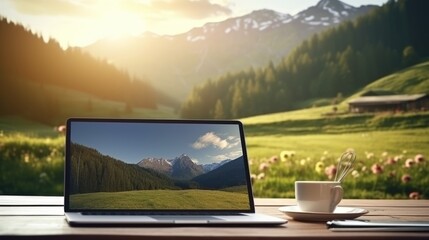Fototapeta premium business laptop on outside desk of remote house at beautiful mountain range. 