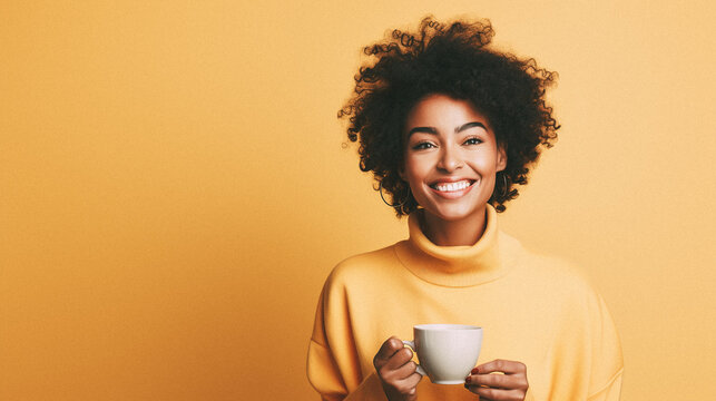 Happy black woman in isolated pastel color studio background