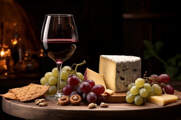 Glass Of Red Wine With Cheese And Grape, Generative AI