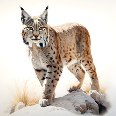 Brushstroke watercolor style realistic full body portrait of a lynx on white background Generated by AI 02