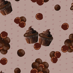 chocolate cupcakes with chocolate balls seamless pattern