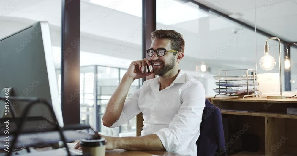 Poster Business man, phone call and laughing at computer in office for conversation, communication and negotiation. Happy worker talking on cellphone at desktop for mobile networking, contact and funny chat