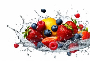 assorted fresh fruits with water splashes isolated on white background. generative ai