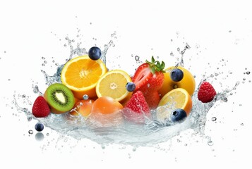 assorted fresh fruits with water splashes isolated on white background. generative ai - obrazy, fototapety, plakaty