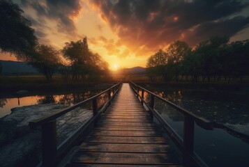 Fototapeta na wymiar wooden bridge over the lake with beautiful sunset. generative ai