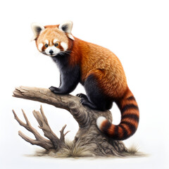 Brushstroke watercolor style realistic full body portrait of a red panda on white background...