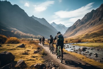 Group Of Cyclists Riding Through Mountain Range, Generative AI