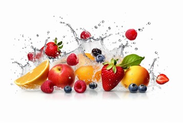 Obraz na płótnie Canvas assorted fresh fruits with water splashes isolated on white background. generative ai