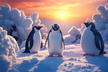 penguins playing in the snow with the beauty of the sunset. generative ai