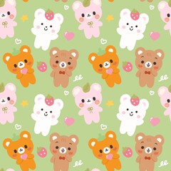 Seamless pattern with teddy bears. Cute bear on green background. for tablecloth, dress, skirt, napkin,cartoon toddler wallpaper,banners, wrapping or other.