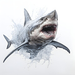 Brushstroke watercolor style realistic full body portrait of a shark on white background Generated by AI 02