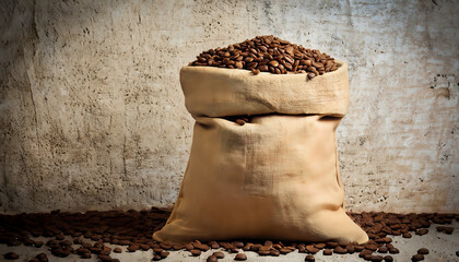 coffee beans in sack,Fresh old sack of coffee grains, wallpaper, old wall, background, brown old wall background