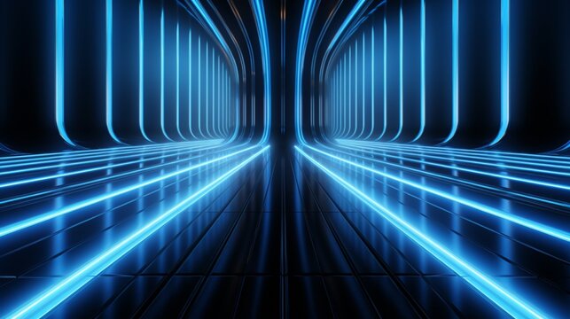 Futuristic Sci Fi Modern Elegant Alien Dark Grunge Concrete Room With Classic Pantone Blue Glowing Triangle Shaped Neon Tubes Reflection Background 3D Rendering Illustration