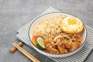 Rice Bowl with Chicken Karaage, egg and vegetables
