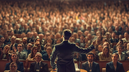 Back view of motivational speaker standing on stage in front of audience. - obrazy, fototapety, plakaty