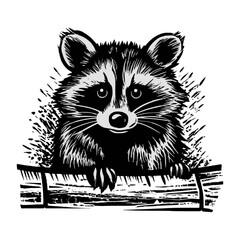 Cute raccoon and wood vector illustration, isolated on white background.