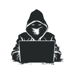 Man with hidden face at laptop. Hacker dark abstract body, covered with hood, online person not identified by name, unknown faceless user, incognito with evil intentions. hacker working on laptop.