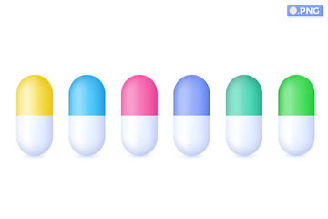 Multicolors Medical pills icon symbols. Capsules, drugs, pharmacy, Healthcare and medicine concept. 3D vector isolated illustration design Cartoon pastel Minimal style. For design ux, ui, print ad.