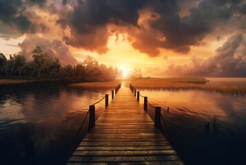 Fototapeta premium wooden bridge over the lake with beautiful sunset. generative ai