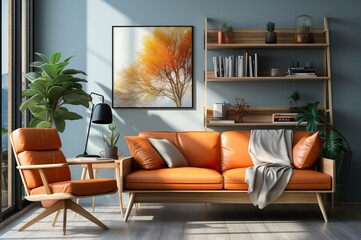 The interior of the living room and comfortable home office are adorned with modern furnishings adding small pots of plants to the bookshelf and working equipment in a natural relaxing atmosphere.