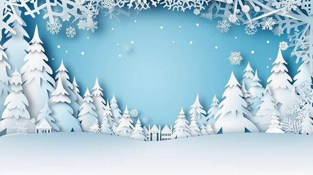 Winter and Christmas sale with snow and template background in Papercut style. Generative AI