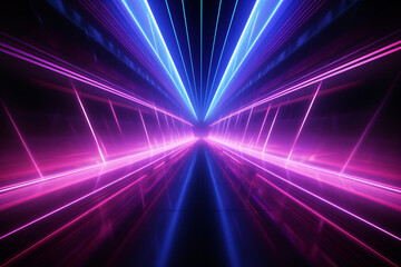 Naklejka na ściany i meble Neon light abstract background. Tunnel or corridor pink blue neon glow lights. Laser lines and LED technology create glow. Cyber club neon light stage room. Data transfer. Fast network.